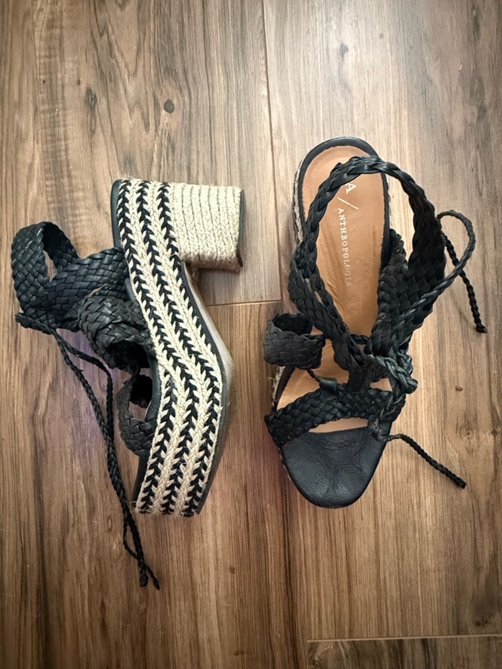 Anthropologie Black Braided Espadrille Platform Sandals with Ankle Ties